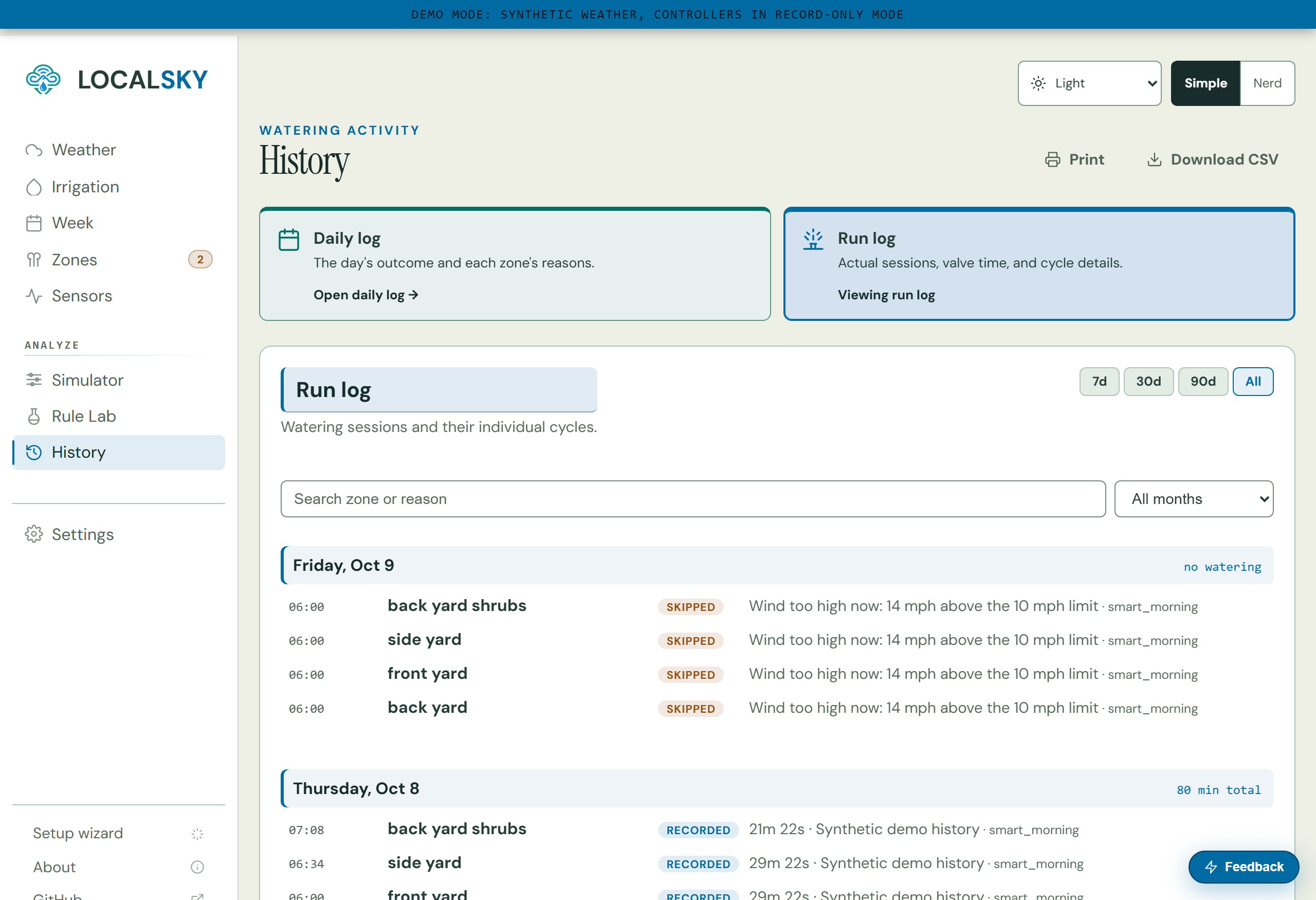 LocalSky history showing recorded watering sessions and zone activity