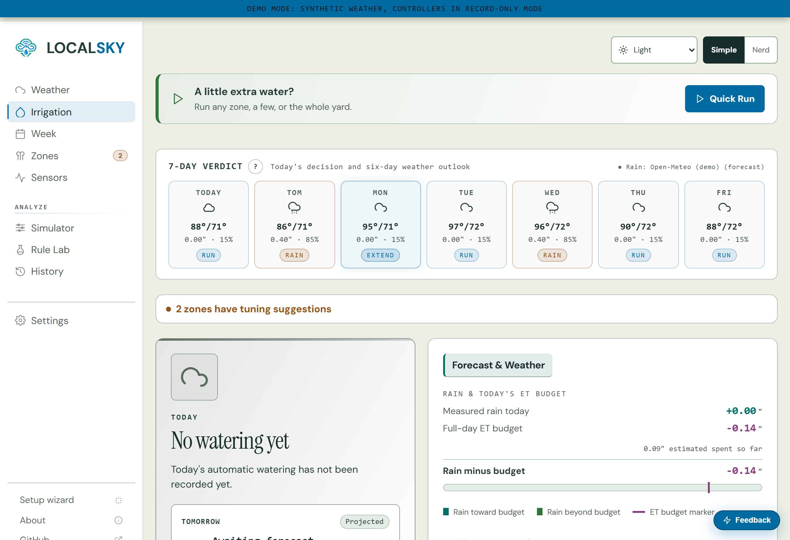 LocalSky irrigation dashboard with Quick Run and zone controls