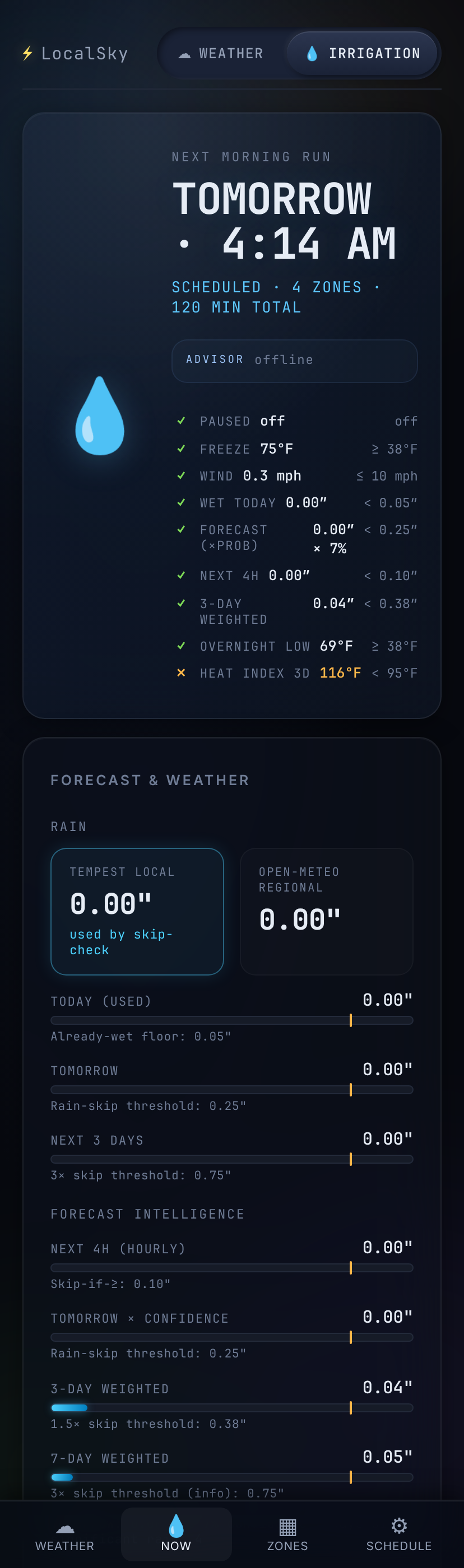 Mobile irrigation page showing the next-run hero, advisor card, and forecast breakdown