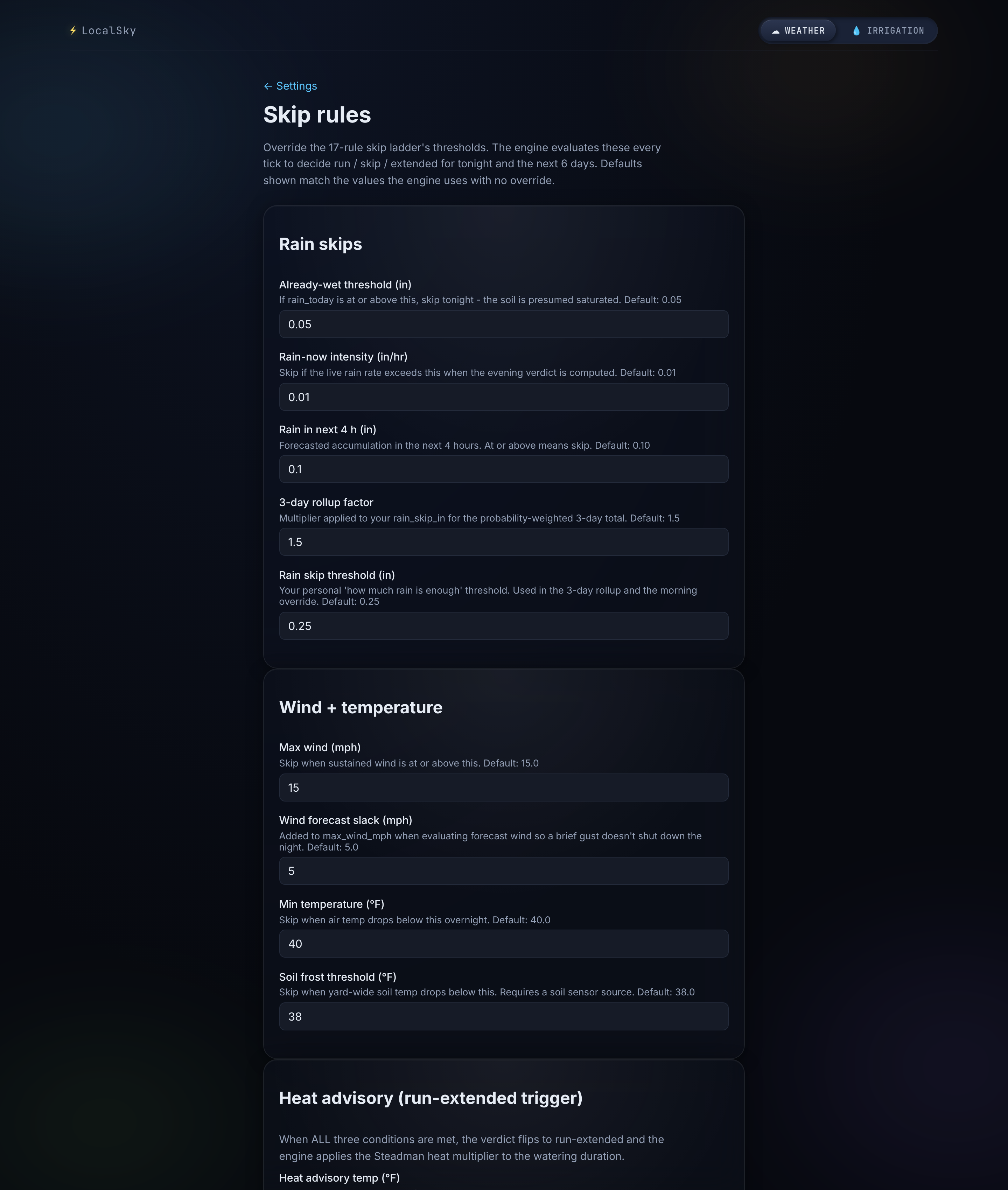 Settings page editing the 17-rule skip ladder thresholds
