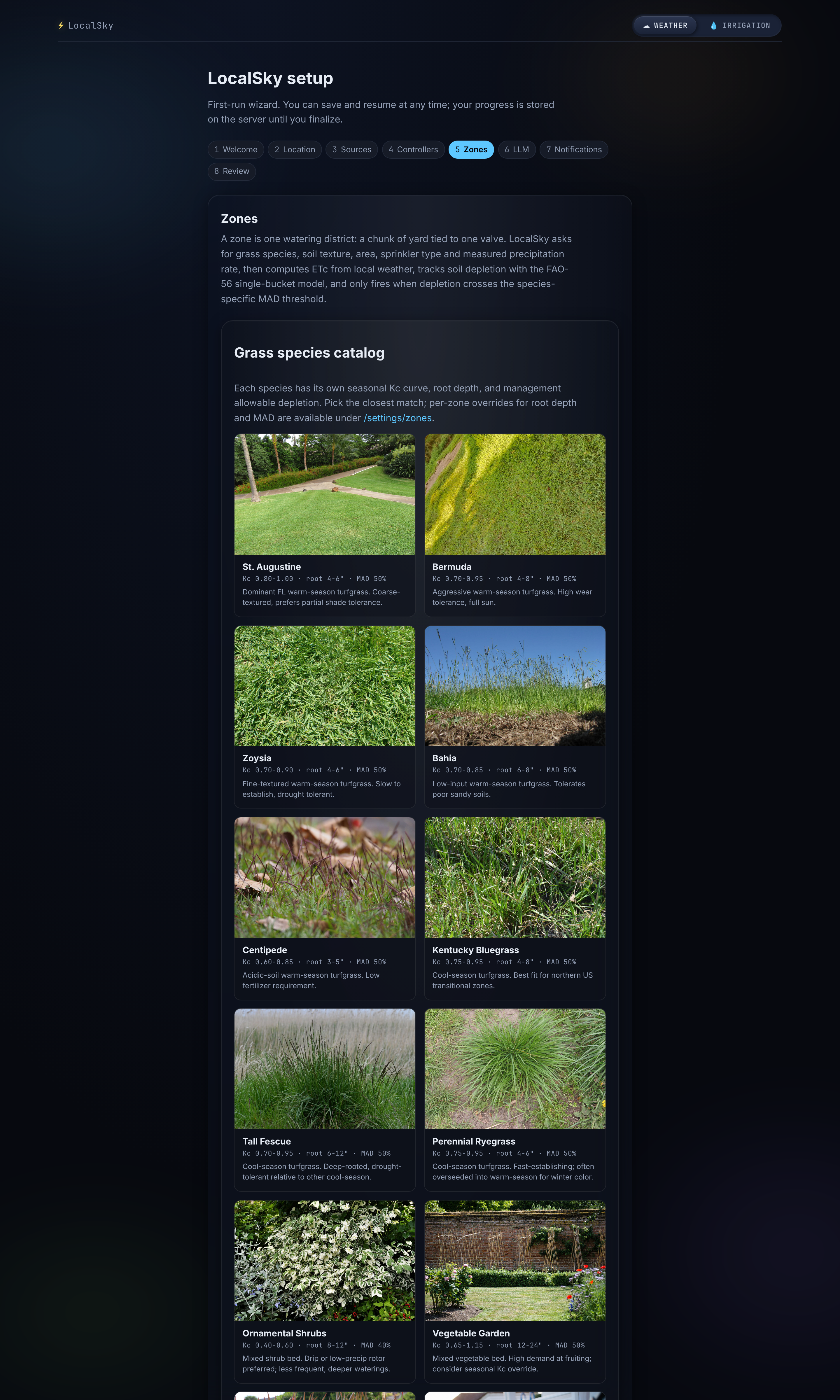 First-run wizard showing the 12-species grass catalog with Kc, root depth, and MAD