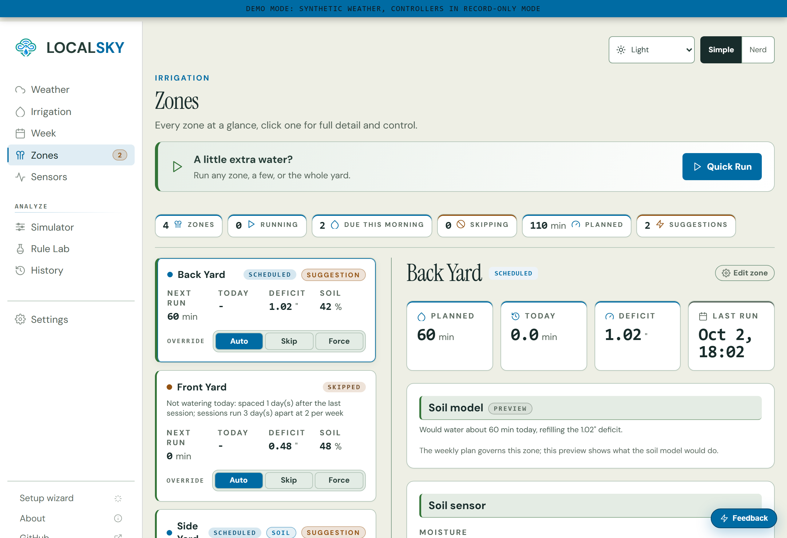 LocalSky zone controls and water needs, with a separate status for each zone